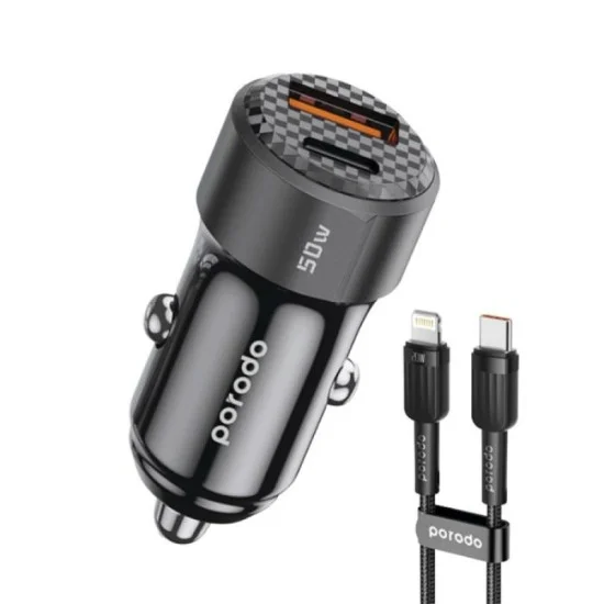 Porodo 50W Dual Port Car Charger PD 20W QC 30W with C to L Cable - Black